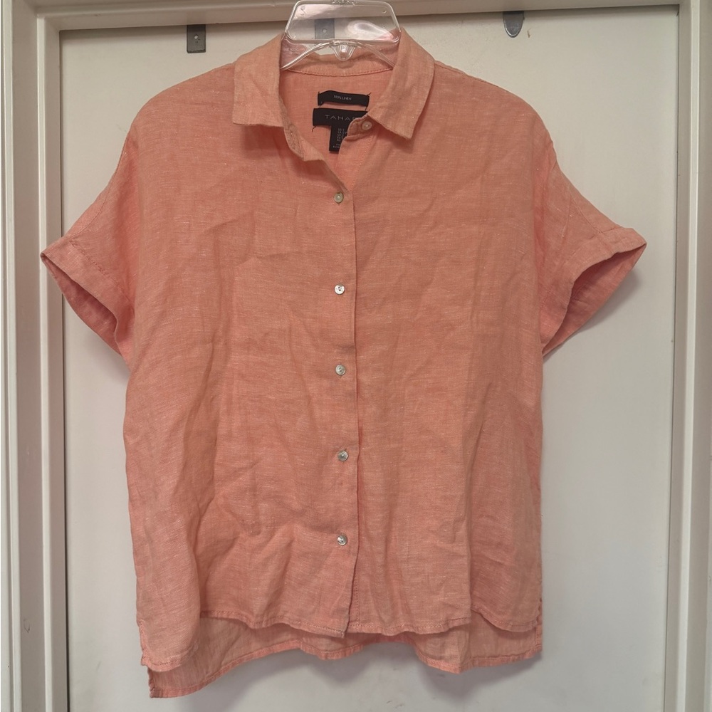 Tahari 100% linen button up camp shirt - short sleeve - size S - orange/peach